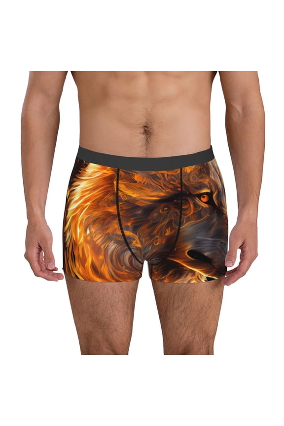 Gold Flame Pattern Wolf Print Men's Ultra Breathable Underwear,No Riding Up Boxer Briefs with ComfortFlexible Waistband-Large