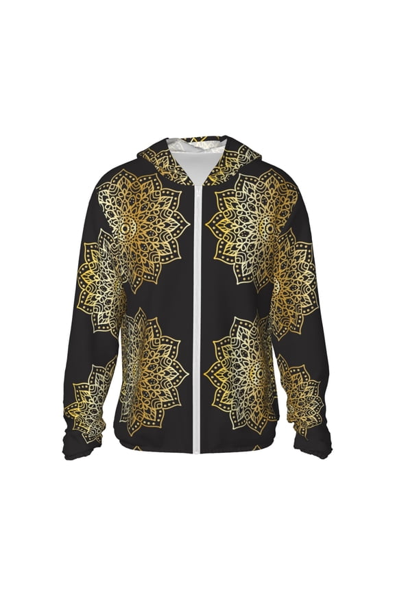 Gold Mandala Print Unisex Sun Protection Hoodie,UPF 50+ Light Jacket,Full Zip Sun Protection Hoodie,Long Sleeve Sun Shirts,for Outdoor Activities-Large