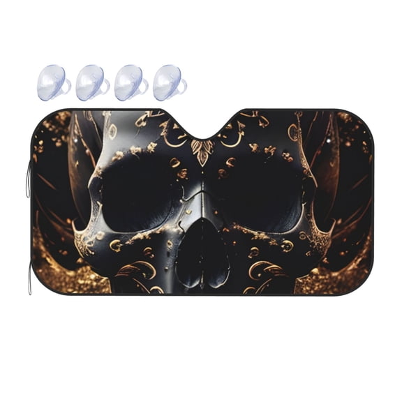 Fuzoiu Gold Pattern Black Skull Print Car Windshield Sunshade,Foldable Reflective Sun Visor,Windshield Sun Shade,UV Rays Sun Visor Shade,Auto Front Sun Shield Shade-Small