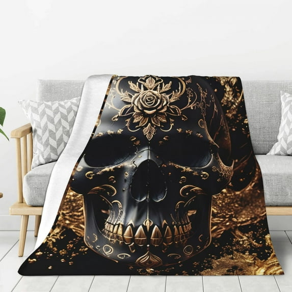 Fuzoiu Gold Pattern Black Skull Print Flannel Throw Blanket,Light Weight Warm Decorative,Throw Blanket Cover for Sofa, Couch, Bedroom,Travel-40"x30"
