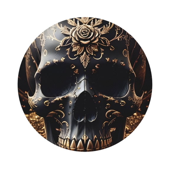 Fuzoiu Gold Pattern Black Skull Print Leather Coasters Set,Drink Coasters Set of 6,for Tabletop Protection, Durable PVC Coasters,Home Décor and Housewarming Gift,Round Shape