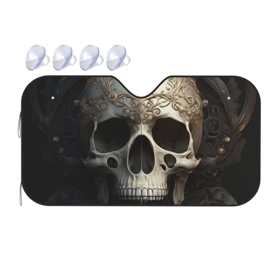 Fuzoiu Gold Pattern Skull Print Car Windshield Sunshade,Foldable Reflective Sun Visor,Windshield Sun Shade,UV Rays Sun Visor Shade,Auto Front Sun Shield Shade-Small