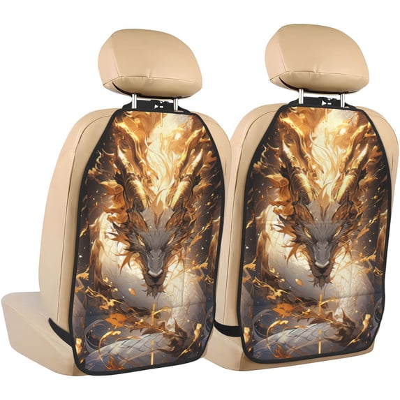 Fuzoiu Golden Horned White Dragon Print 2 Pack Kick Mat Back Seat Protector With 3 Storage Pockets, Universal Car Seat Back Organizer For Kids Pets, Waterproof Backseat Protector For Most Car
