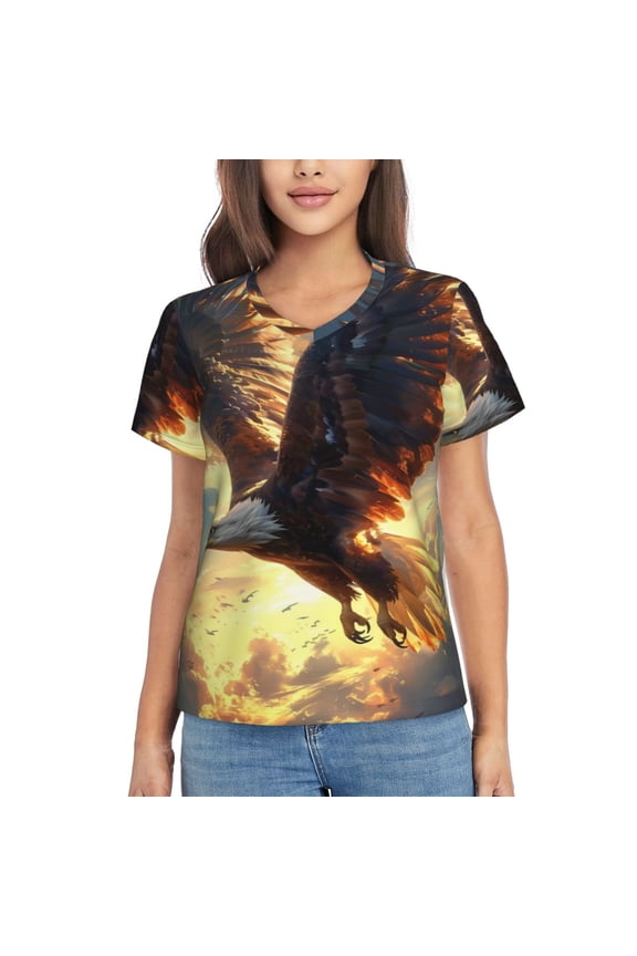 Golden Sky Bald Eagle Print Women's Classic V-Neck T-Shirt, Short Sleeve V Neck Tees for Casual Everyday Wear,Casual Fit Tee,Summer Fashion Tops-3X-Large