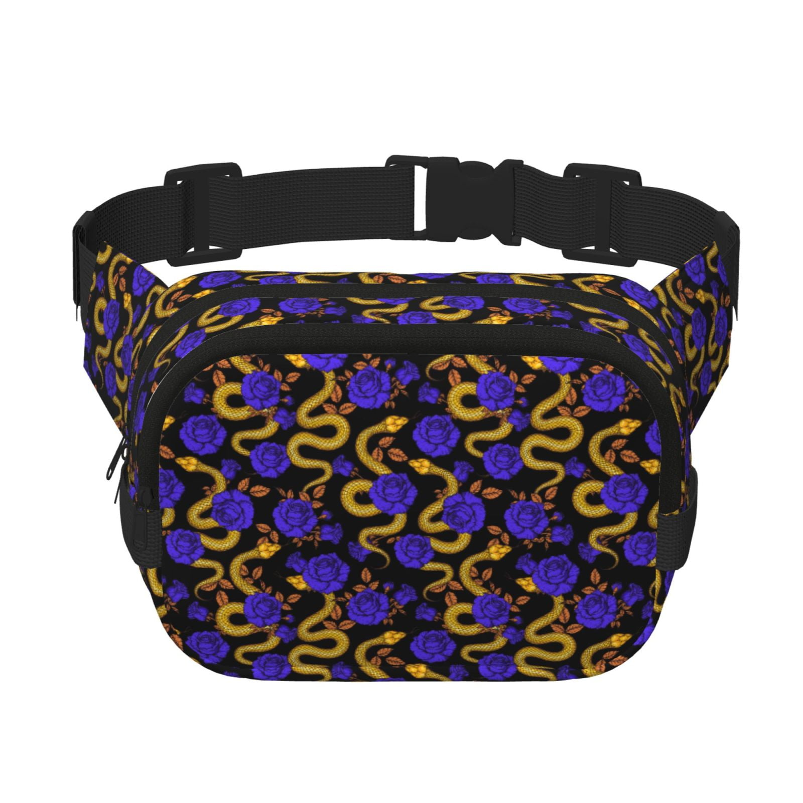 Fuzoiu Golden Snake And Purple Rose Print Unisex Square Double Layer Waist Bag,Crossbody Fanny Pack Travel Workout Accessory