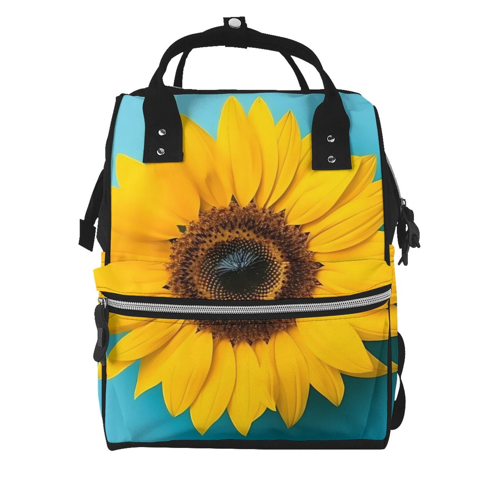 Fuzoiu Golden Sunflower in Blue Print Diaper Bag Backpack,Baby Essentials Travel Tote,Multi function Waterproof Diaper Bag, Travel Essentials Baby Bag - Unisex