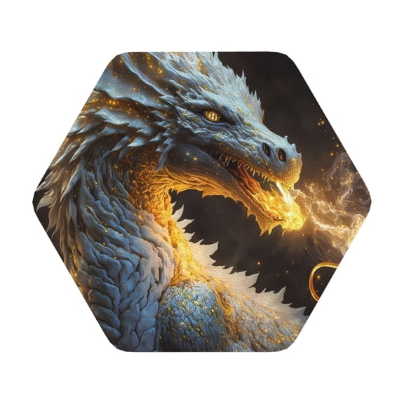 Fuzoiu Golden White Fire Dragon Print Leather Coasters Set,Drink Coasters Set of 6,for Tabletop Protection, Durable PVC Coasters,Home Décor and Housewarming Gift,Hexagon