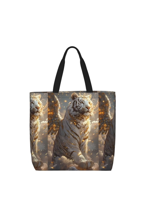 Golden White Tiger Print Durable Tote Bag,Shoulder Bag with Zipper Closure,Casual Tote's Handbag,for Daily Use, Shopping, School, Work