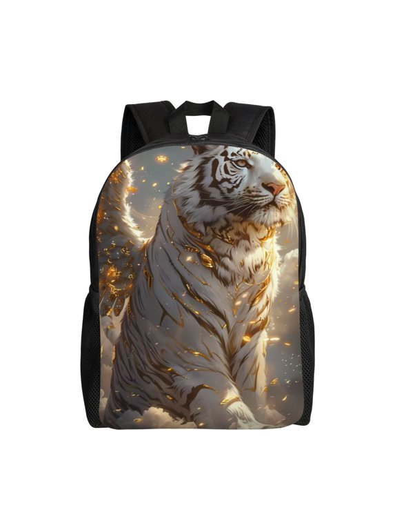 Golden White Tiger Print Laptop Backpack,Work Business Backpacks, Large Capacity Nurse Bag College Bookbag for School, Waterproof Casual Daypack for Travel