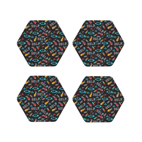 Fuzoiu Golf Accessories Print Leather Coasters Set,Drink Coasters Set of 4,for Tabletop Protection, Durable PVC Coasters,Home Décor and Housewarming Gift-Hexagon