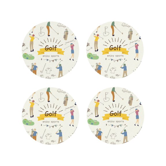 Fuzoiu Golf Icons And Golfer Print Leather Coasters Set,Drink Coasters Set of 4,for Tabletop Protection, Durable PVC Coasters,Home Décor and Housewarming Gift-Round Shape
