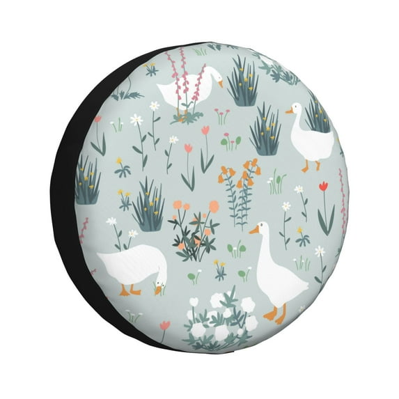 Fuzoiu Goose and Doodle Flowers Print Universal Spare Tire Cover with Buckle Strap, Waterproof Wheel Covers for Jeep, Trailer, RV, Truck and All Car-15 inch