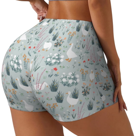 Fuzoiu Goose and Doodle Flowers Print Women's Workout Shorts,Workout Biker Shorts Women,Exercise Fitness Shorts,Scrunch Short, Athletic Shorts for Gym Yoga Running Sport Active-X-Large