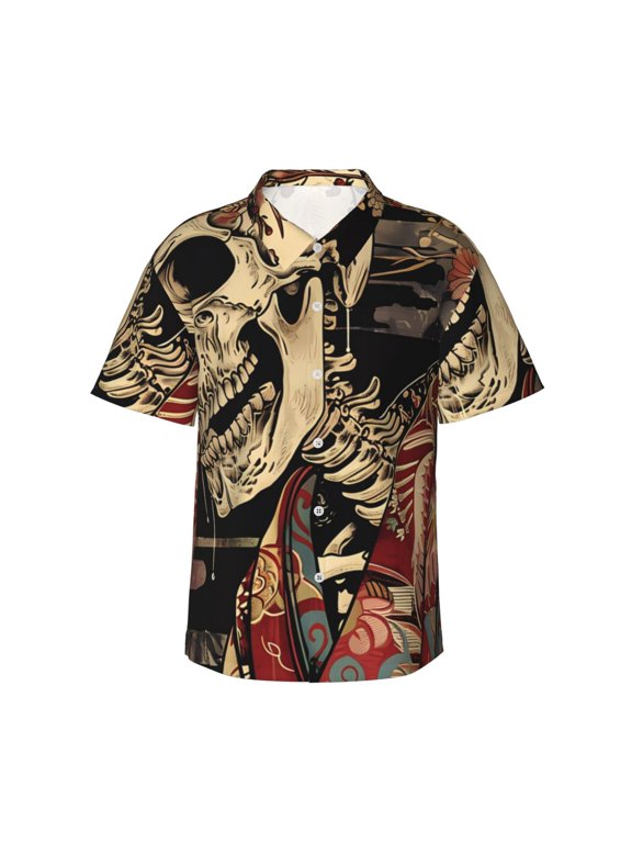 Gothic Eastern Floral Skull Print Hawaiian Shirt for Men, Summer Beach Casual Short Sleeve Button Down Shirts, Men’s Beach Summer Shirts with Pocket,Small