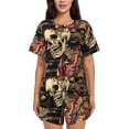thumbnail image 1 of Fuzoiu Gothic Eastern Floral Skull Print Women's Short-Sleeved Pajama Set,Lounge Sleepwear Set,Womens Pajama Sets 2 Piece,Button-Up Top and Shorts with Pockets-3X-Large, 1 of 7