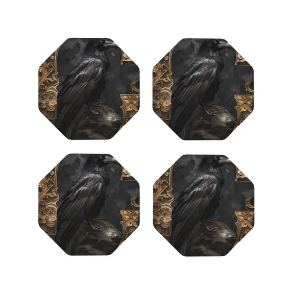 Fuzoiu Gothic Raven Portrait Print Leather Coasters Set,Drink Coasters Set of 4,for Tabletop Protection, Durable PVC Coasters,Home Décor and Housewarming Gift-Octagon