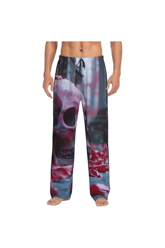 Gothic Red Skull Cemetery Print Men's Pajama Pants,Lounge Pants for Men,Lounge PJ Bottoms,Sleepwear Pants with Drawstring Pockets -Medium