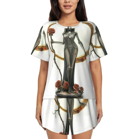 Fuzoiu Gothic Skeleton With Roses Print Women's Short-Sleeved Pajama Set,Lounge Sleepwear Set,Womens Pajama Sets 2 Piece,Button-Up Top and Shorts with Pockets-X-Large