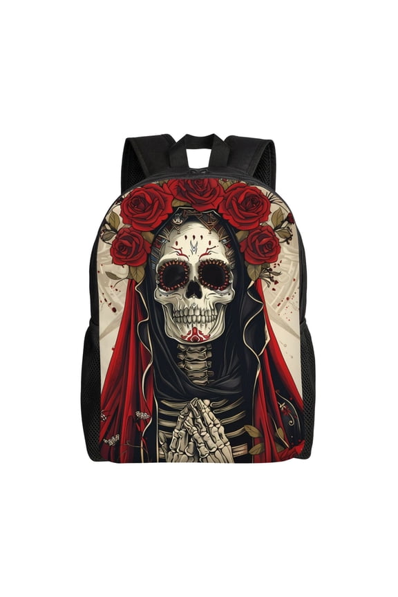 Gothic Skull With Roses Print Laptop Backpack,Work Business Backpacks, Large Capacity Nurse Bag College Bookbag for School, Waterproof Casual Daypack for Travel