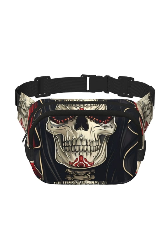 Gothic Skull With Roses Print Unisex Square Double Layer Waist Bag,Crossbody Fanny Pack Travel Workout Accessory