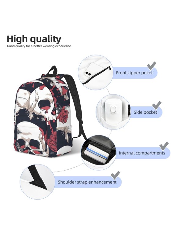 Gothic Skulls And Roses Print Canvas Backpack,Lightweight Travel Daypack,School Backpack Purse for Women Men, Casual Aesthetic Backpack