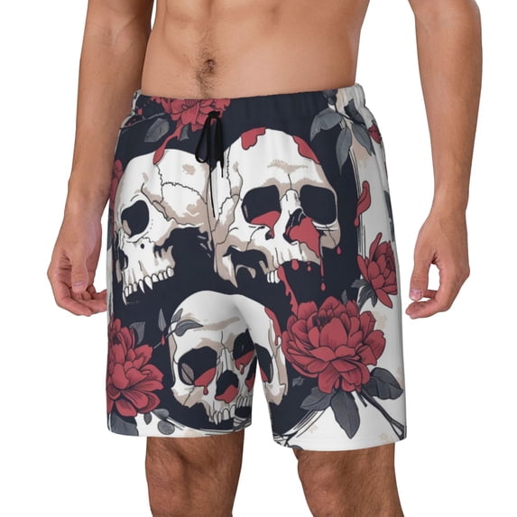 Fuzoiu Gothic Skulls And Roses Print Men's Swim Shorts,Quick-Dry Double-Layer Swim Trunks,Board Trunks,Beach Shorts Swimwear Bathing Suits-XX-Large