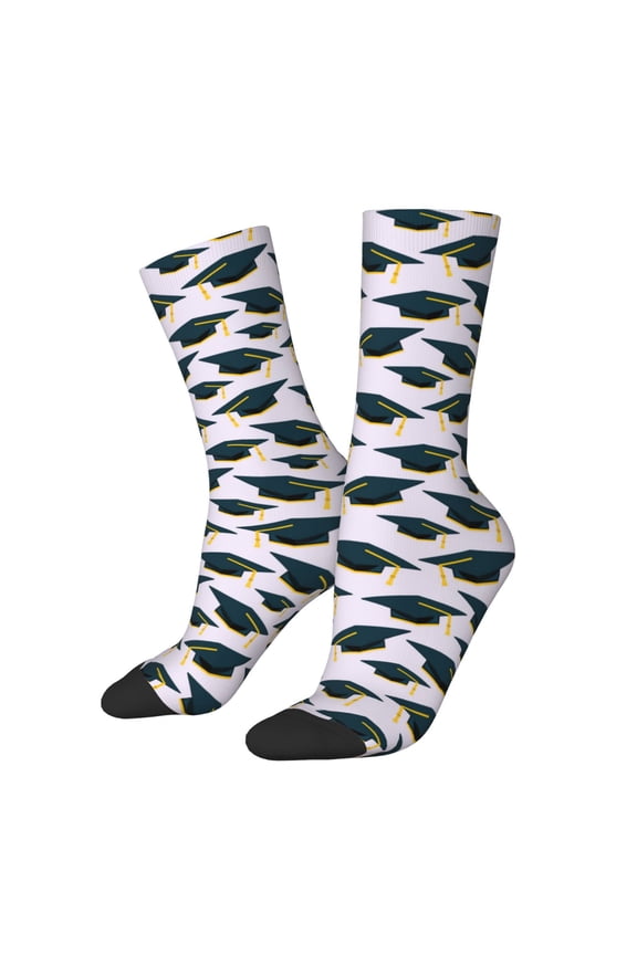 Graduation Hats Print Athletic Crew Socks for Men & Women,Casual Crew Socks,Above Ankle Crew Socks for Business, Casual