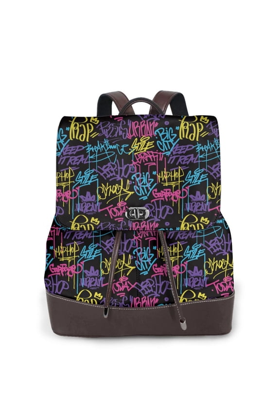 Fuzoiu Graffiti Art Print Women's Leather Backpack,Backpack in Leather with Adjustable Strap,College Bookbag for School,Work Business Backpack