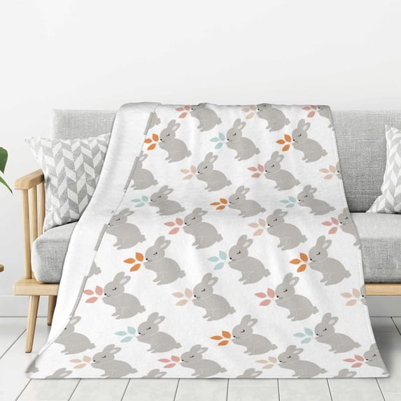 Fuzoiu Gray Rabbit Print Flannel Throw Blanket,Light Weight Warm Decorative,Throw Blanket Cover for Sofa, Couch, Bedroom,Travel-80"x60"