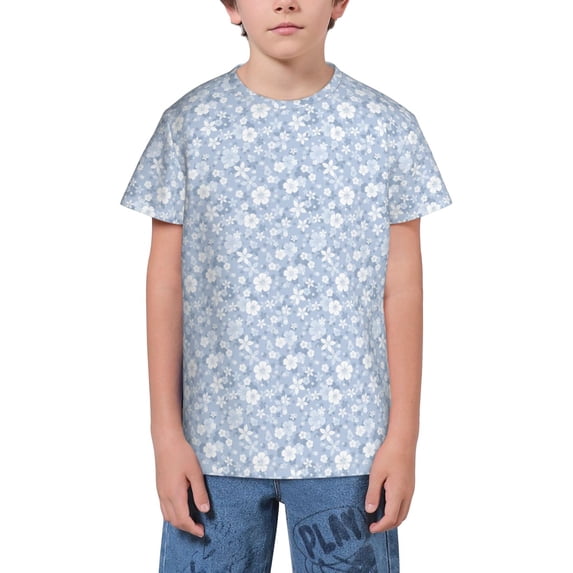 Fuzoiu Gray White Floral Print Youth Short Sleeve T-Shirt,Youth Dry-Fit Active Athletic T-Shirt,Short Sleeve Tops Tees for School, Sports, and Casual Wear