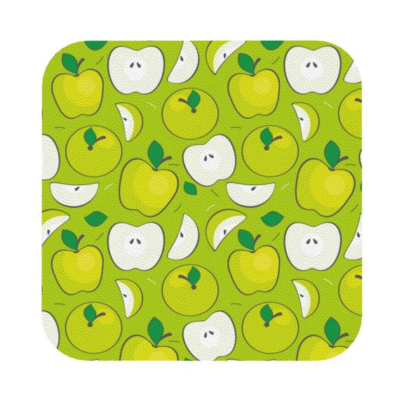 Fuzoiu Green Apple Print Leather Coasters Set,Drink Coasters Set of 6,for Tabletop Protection, Durable PVC Coasters,Home Décor and Housewarming Gift,Square
