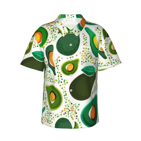Fuzoiu Green Avocado Print Hawaiian Shirt for Men, Summer Beach Casual Short Sleeve Button Down Shirts, Men’s Beach Summer Shirts with Pocket,Small