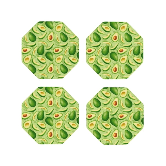 Fuzoiu Green Avocado Print Leather Coasters Set,Drink Coasters Set of 4,for Tabletop Protection, Durable PVC Coasters,Home Décor and Housewarming Gift-Octagon