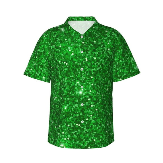 Fuzoiu Green Glitter Print Hawaiian Shirt for Men, Summer Beach Casual Short Sleeve Button Down Shirts, Men’s Beach Summer Shirts with Pocket,Medium