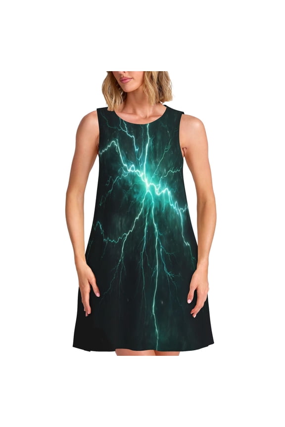 Green Lightning Flash Print Women's Sleeveless Dress,Summer Dresses for Women,Casual Sundresses,Beach Sleeveless T-shirt Swing Dress with Pockets