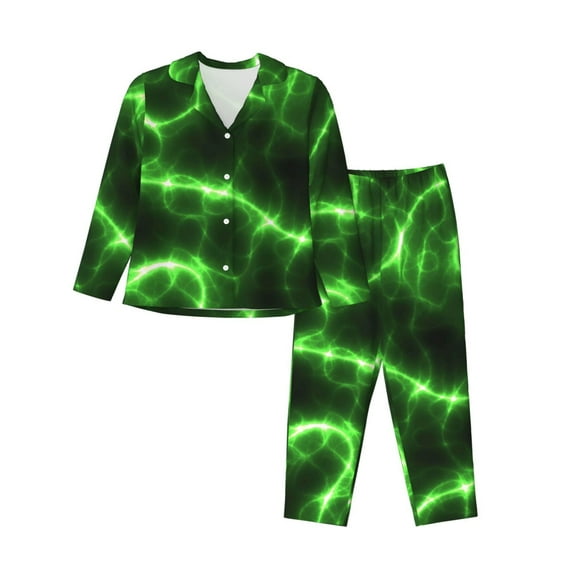 Fuzoiu Green Lightning Print Women's Long-Sleeved Pajama,Lounge Button Down Nightwear,Womens Notch Collar Pajama Set-XX-Large