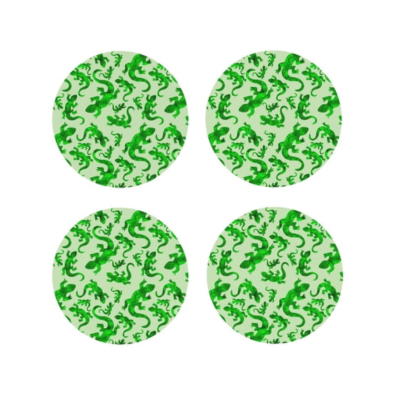 Fuzoiu Green Lizard Print Leather Coasters Set,Drink Coasters Set of 4,for Tabletop Protection, Durable PVC Coasters,Home Décor and Housewarming Gift-Round Shape