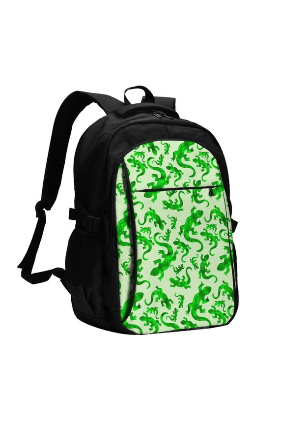 Green Lizard Print USB Backpack with Charging Port,Laptop Backpack,Business Travel Durable Laptops Backpack, for School, Work, Travel & Outdoor Activities