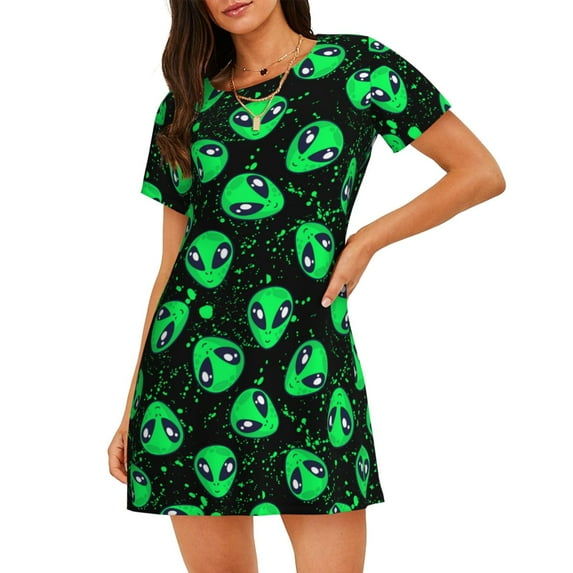 Fuzoiu Green Monster Print Women Nightgowns, Soft Comfy Lightweight Short Sleeves Sleepwear,Crew Neck Loungewear