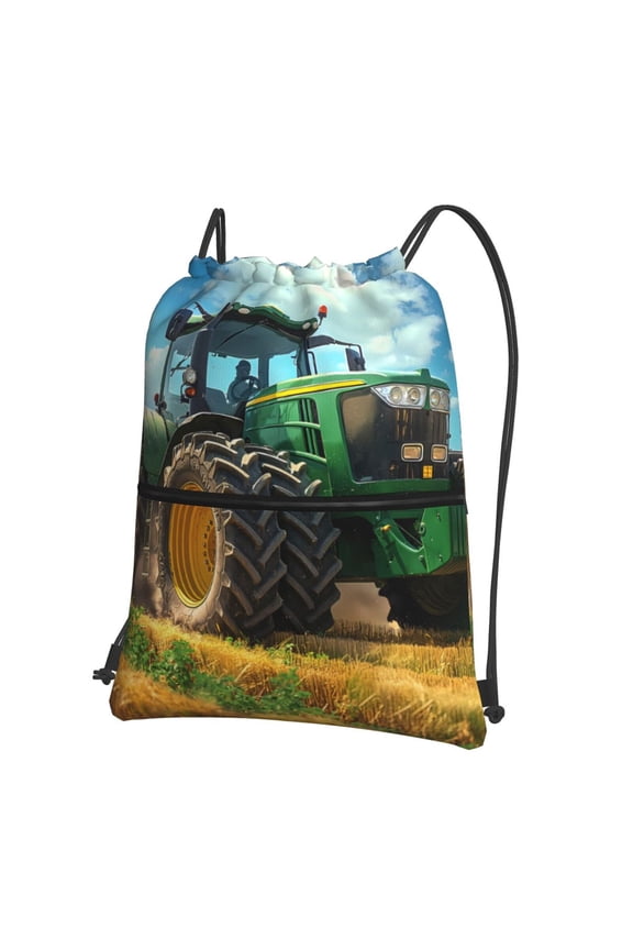 Green Tractor Field Print Drawstring Backpack Water Resistant String Bag Sports Sackpack Gym Sack for Men Women