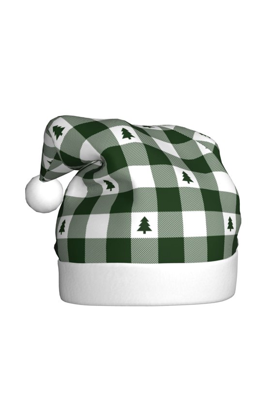 Green White Christmas Tree Lumberjack Plaid Print Santa Hat Christmas Hat for Adults,Santa Hats with Pompom, Unisex Xmas Holiday Hat for Christmas New Year Festive Party Supplies