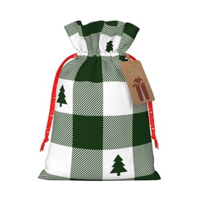 Fuzoiu Green White Lumberjack Plaid Print Christmas Gift Bag,Burlap Gift Bag with Drawstring Closure & Hang Tag,Perfect for Holidays, Birthdays, and Special Occasions-Small