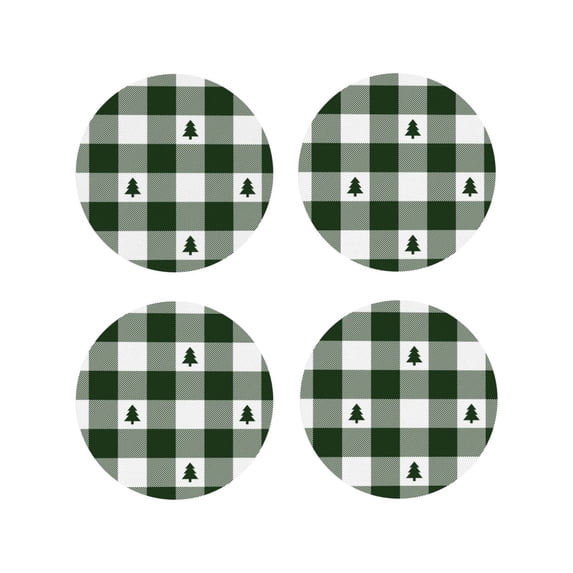 Fuzoiu Green White Lumberjack Plaid Print Leather Coasters Set,Drink Coasters Set of 4,for Tabletop Protection, Durable PVC Coasters,Home Décor and Housewarming Gift-Round Shape