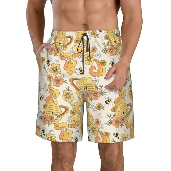 Fuzoiu Groovy Floral Print Men's Beach Shorts,Men's Swim Trunks,Quick Dry Board Shorts with Pockets,Men's Bathing Suits for Surfing, Running, and Casual Wear-Large