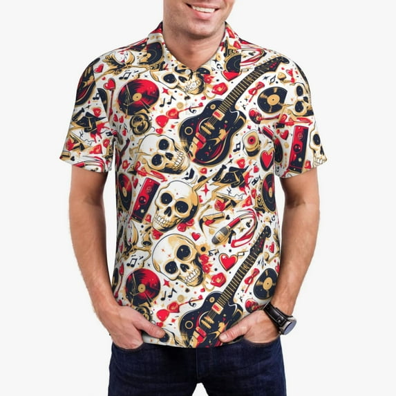Fuzoiu Guitar Skull rock Print Men's Polo Shirts Short Sleeve,Golf Shirts for Men,Mens Golf Shirt Moisture Wicking Quick-Dry-XX-Large