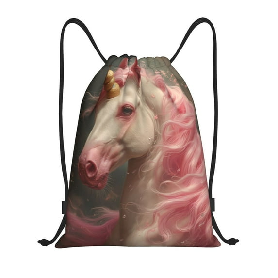 Fuzoiu Haired White Horse Print Drawstring Backpack for Gym, Travel, Yoga,Sports Sackpack String Bag for Women Men-Small