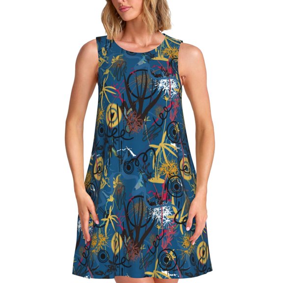 Fuzoiu Halloween Elements Print Women's Sleeveless Dress,Summer Dresses for Women,Casual Sundresses,Beach Sleeveless T-shirt Swing Dress with Pockets