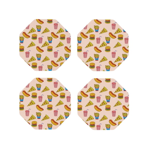 Fuzoiu Hamburger Pizza Coke Print Leather Coasters Set,Drink Coasters Set of 4,for Tabletop Protection, Durable PVC Coasters,Home Décor and Housewarming Gift-Octagon
