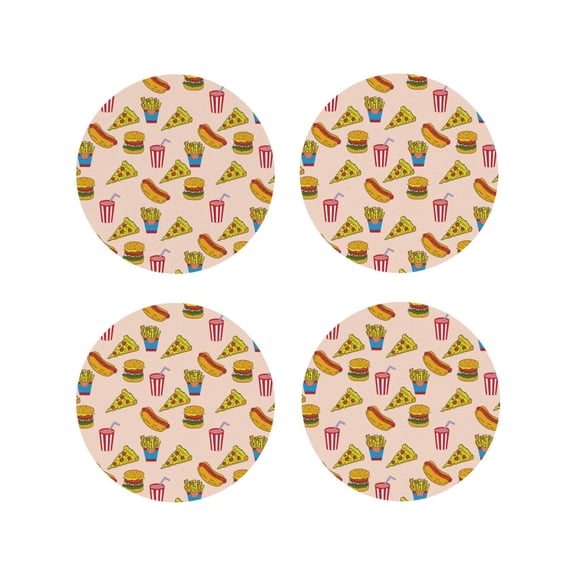 Fuzoiu Hamburger Pizza Coke Print Leather Coasters Set,Drink Coasters Set of 4,for Tabletop Protection, Durable PVC Coasters,Home Décor and Housewarming Gift-Round Shape