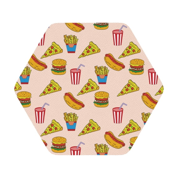 Fuzoiu Hamburger Pizza Coke Print Leather Coasters Set,Drink Coasters Set of 6,for Tabletop Protection, Durable PVC Coasters,Home Décor and Housewarming Gift,Hexagon